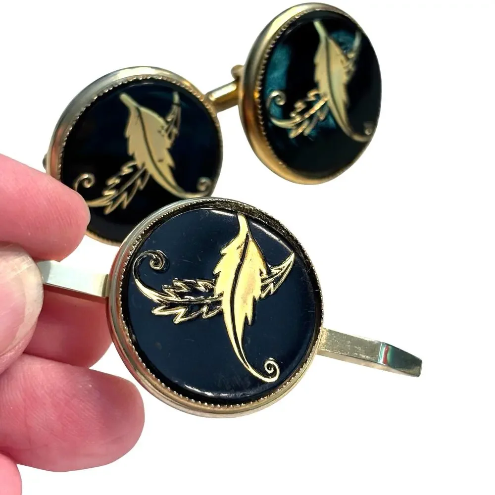 Vintage Creation House jewelry set men's cufflinks & pin black enamel gold leaf